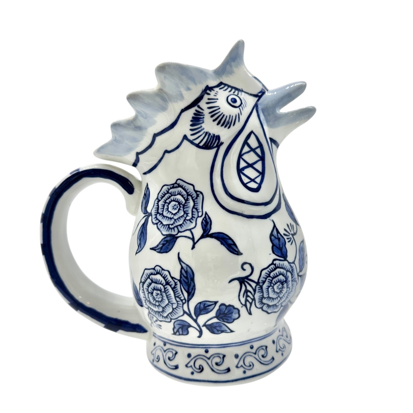 Bella Casa Rooster Pitcher Blue and White Ceramic with Floral Design 8" Tall