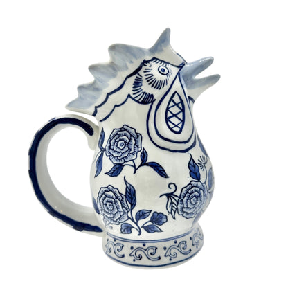 Bella Casa Rooster Pitcher Blue and White Ceramic with Floral Design 8" Tall