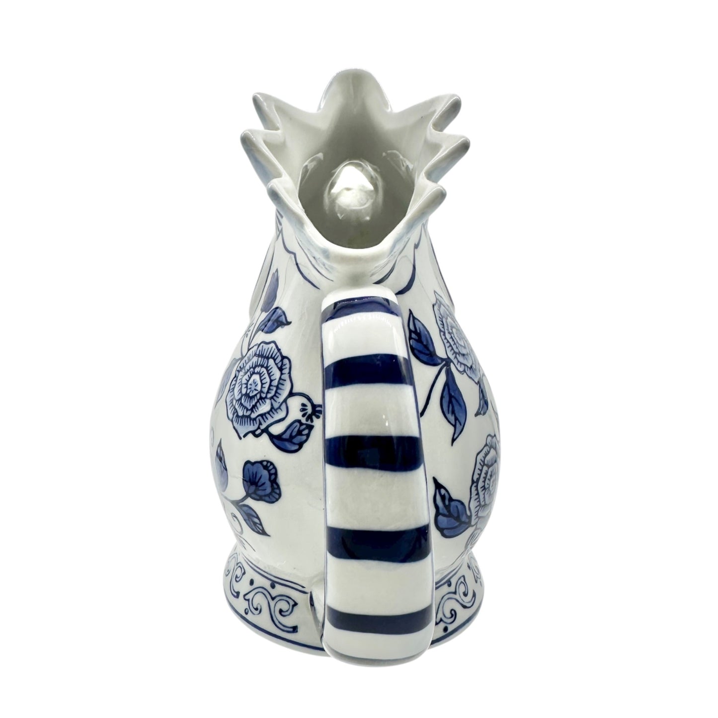 Bella Casa Rooster Pitcher Blue and White Ceramic with Floral Design 8" Tall