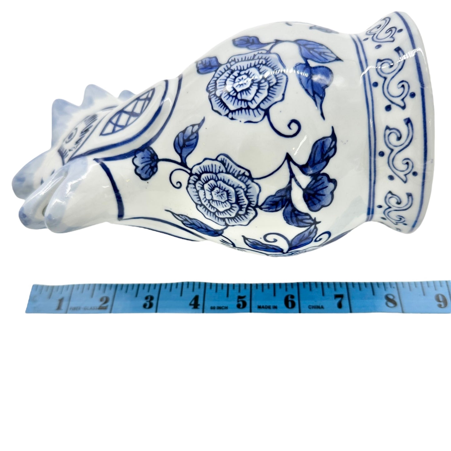 Bella Casa Rooster Pitcher Blue and White Ceramic with Floral Design 8" Tall