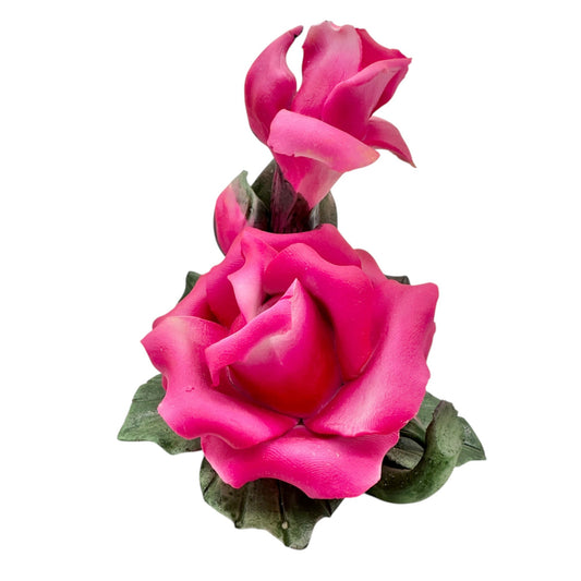 Capodimonte Rose Porcelain Figurine Dk Pink Green Made In Italy Original Box