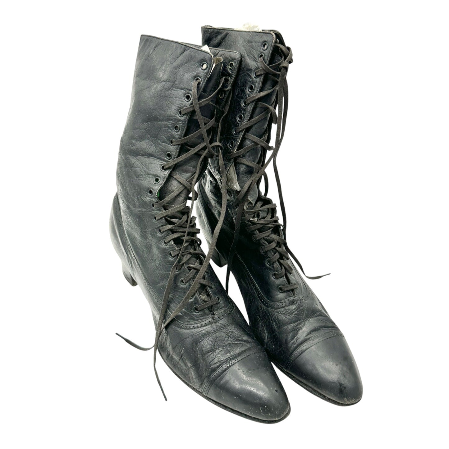 Vintage Queen Quality Black Leather Lace Up Victorian Boots Timeless -Sole 10”L
