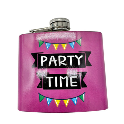 Party Time Stainless Steel Flask 6 Oz Pink With Colorful Banner Design Midwood