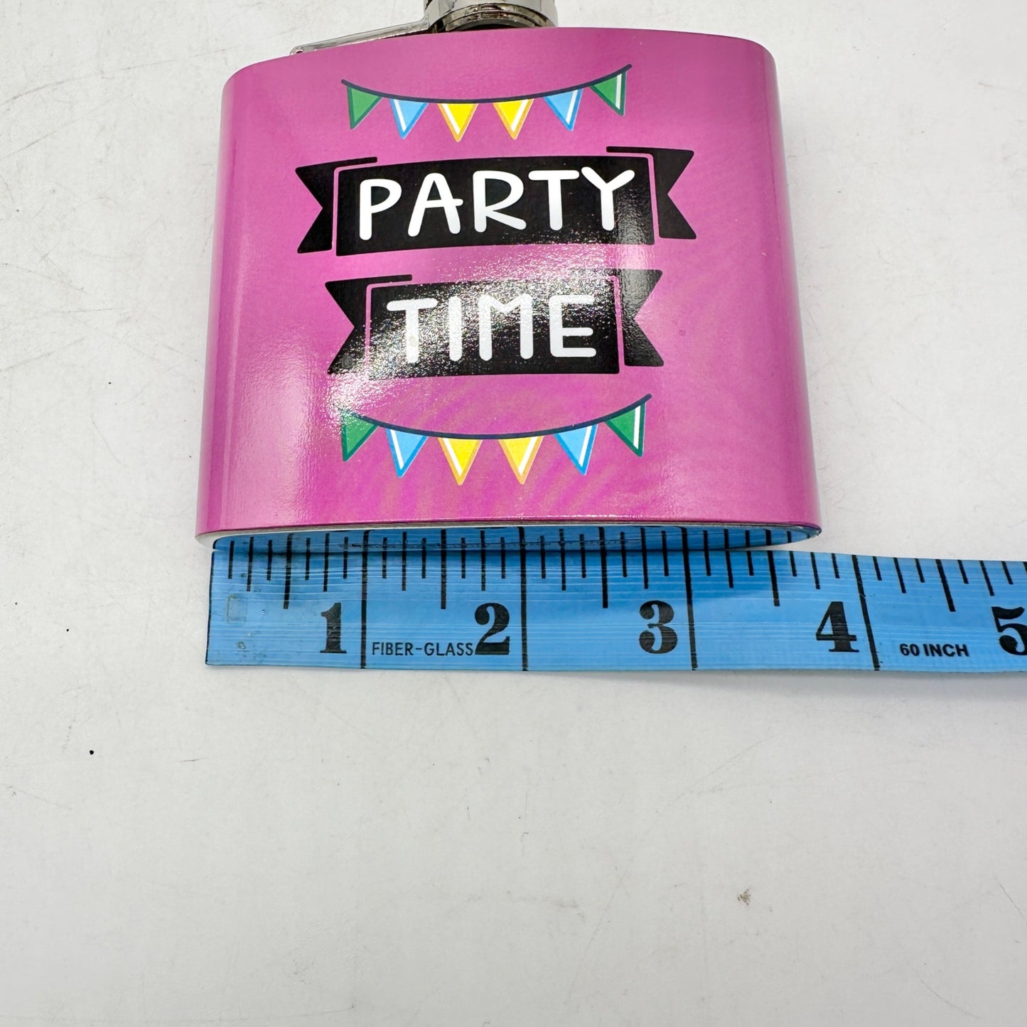 Party Time Stainless Steel Flask 6 Oz Pink With Colorful Banner Design Midwood