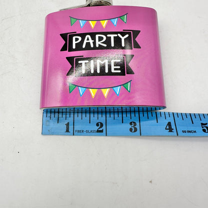 Party Time Stainless Steel Flask 6 Oz Pink With Colorful Banner Design Midwood