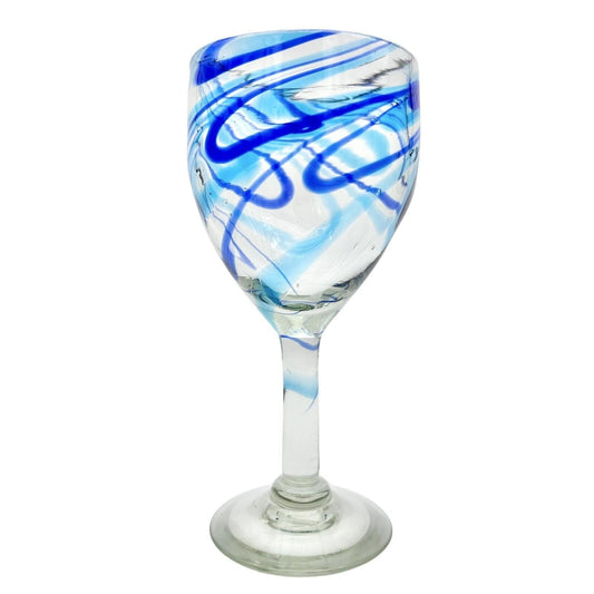 Vintage Hand Blown 8 oz Wine Glass Goblet Clear with Blue Swirls - Height 8"