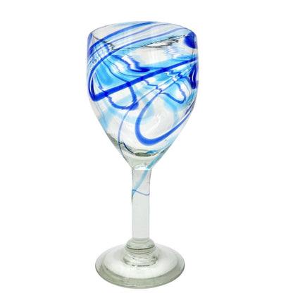 Vintage Hand Blown 8 oz Wine Glass Goblet Clear with Blue Swirls - Height 8"