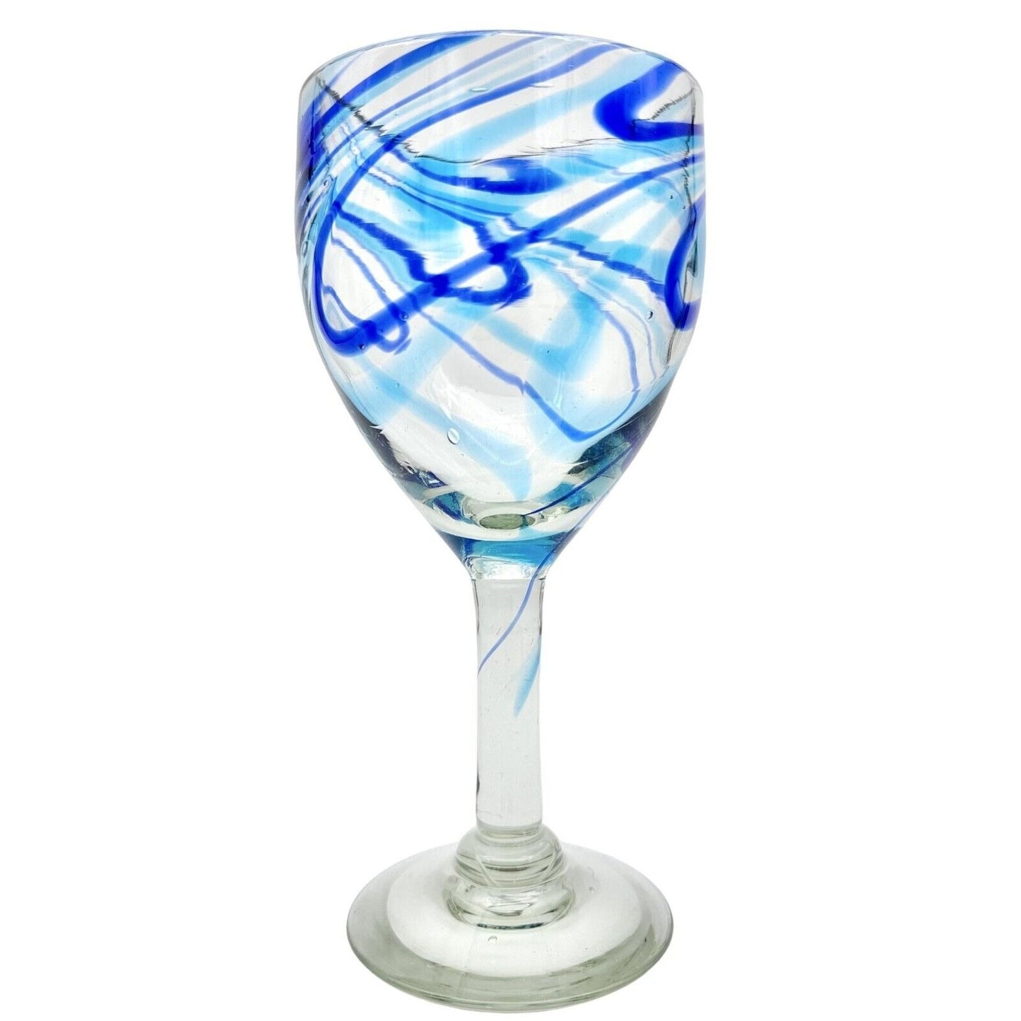 Vintage Hand Blown 8 oz Wine Glass Goblet Clear with Blue Swirls - Height 8"