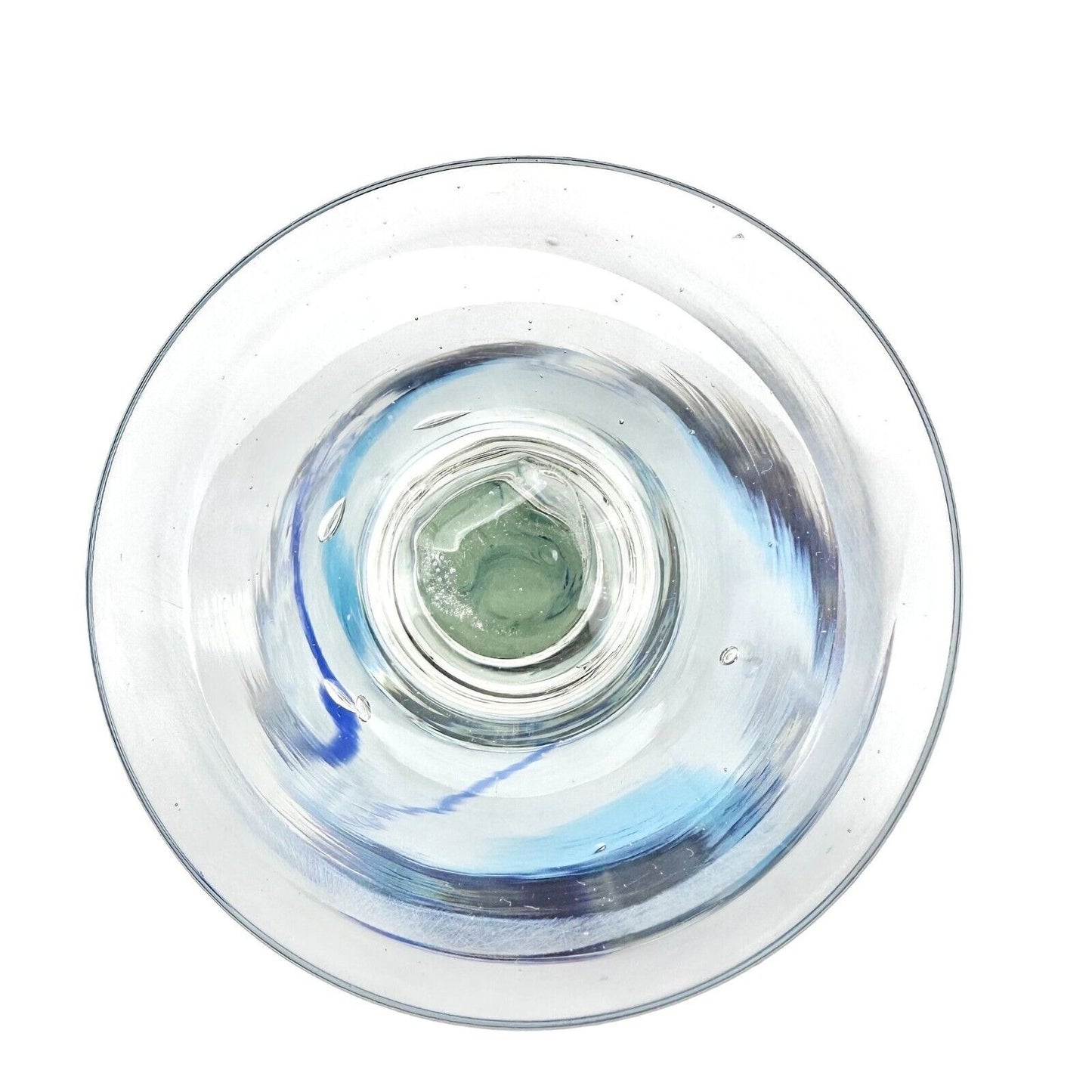 Vintage Hand Blown 8 oz Wine Glass Goblet Clear with Blue Swirls - Height 8"