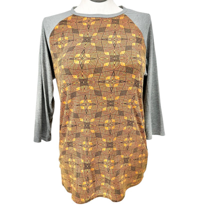 LuLaRoe Randy Top L Orange Gray Geometric Star Print 3/4 Sleeve Stretchy Shirt