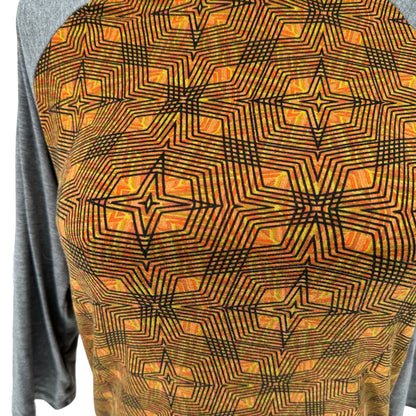 LuLaRoe Randy Top L Orange Gray Geometric Star Print 3/4 Sleeve Stretchy Shirt