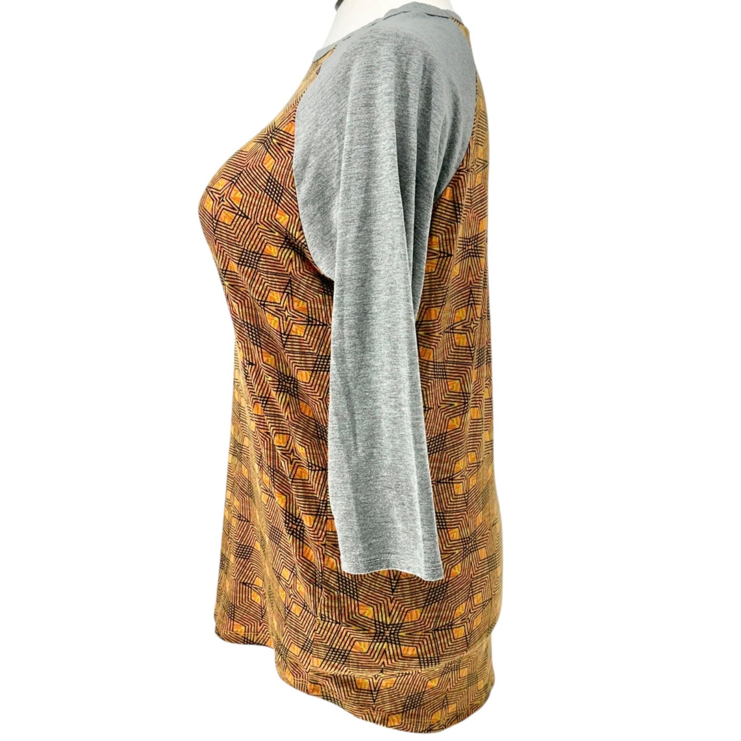 LuLaRoe Randy Top L Orange Gray Geometric Star Print 3/4 Sleeve Stretchy Shirt