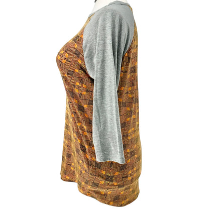 LuLaRoe Randy Top L Orange Gray Geometric Star Print 3/4 Sleeve Stretchy Shirt