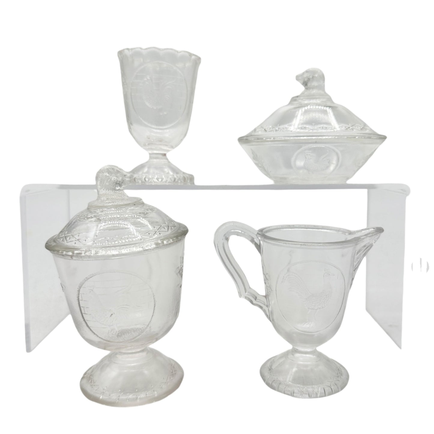 Rooster 4 Pc Vtg Childs Tableware Set King Glass Co 1890-91 Clear Pressed Glass