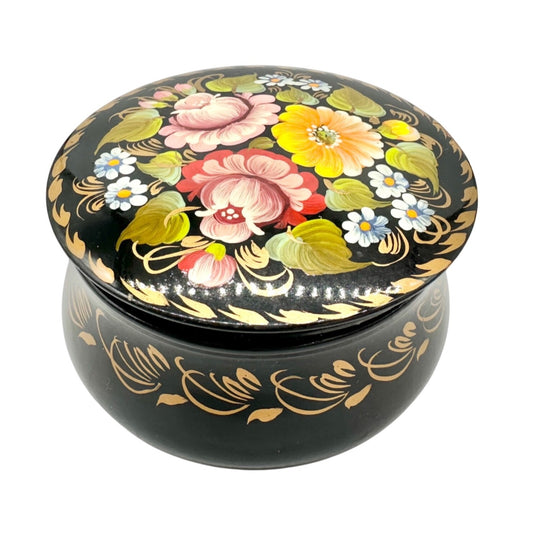 Handmade Ukrainian Wooden Trinket Box Floral Design Black w Multicolor Accents