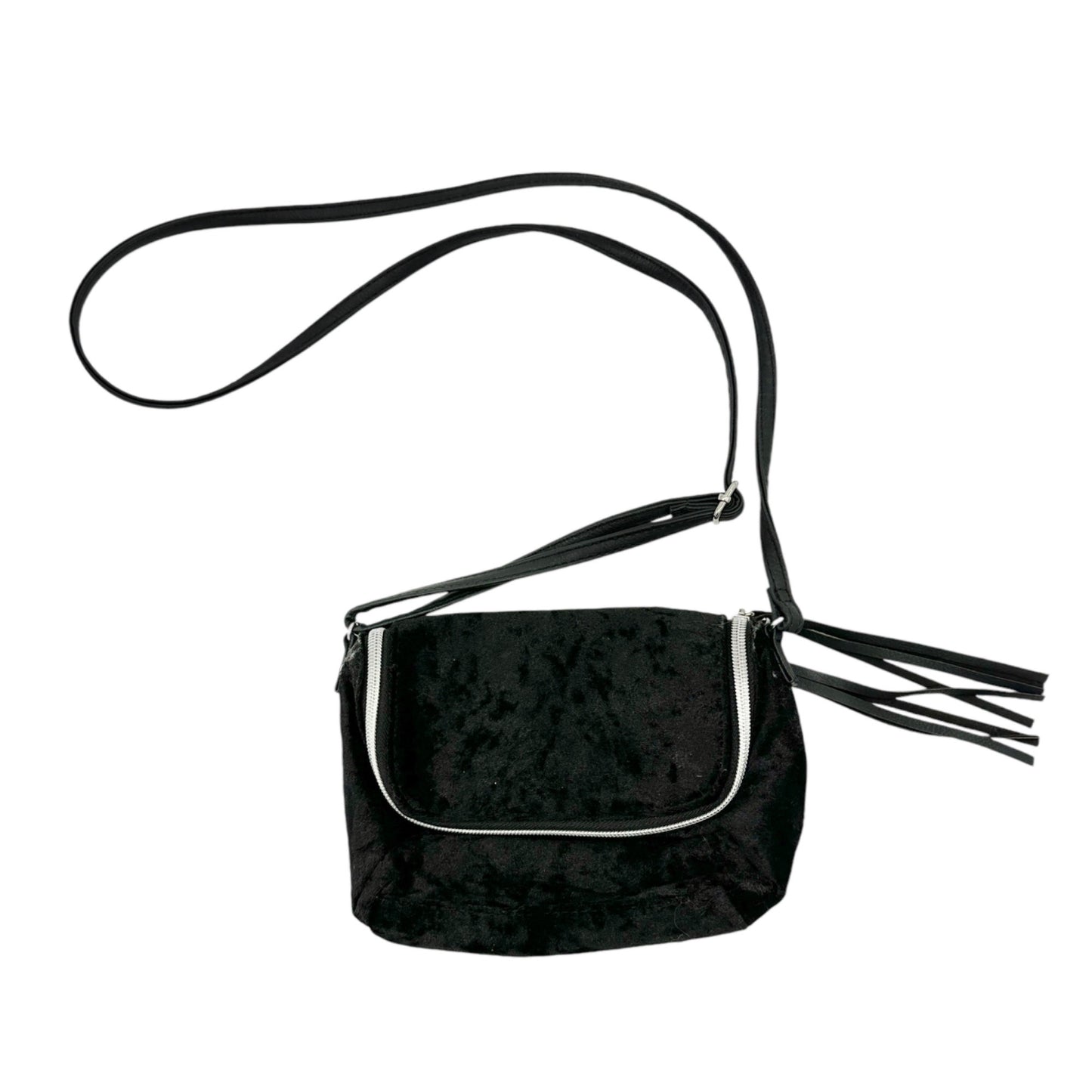 Crossbody Handbag Black Velvet with Silver Zipper and Tassels 7 x 5.5 x 2.5