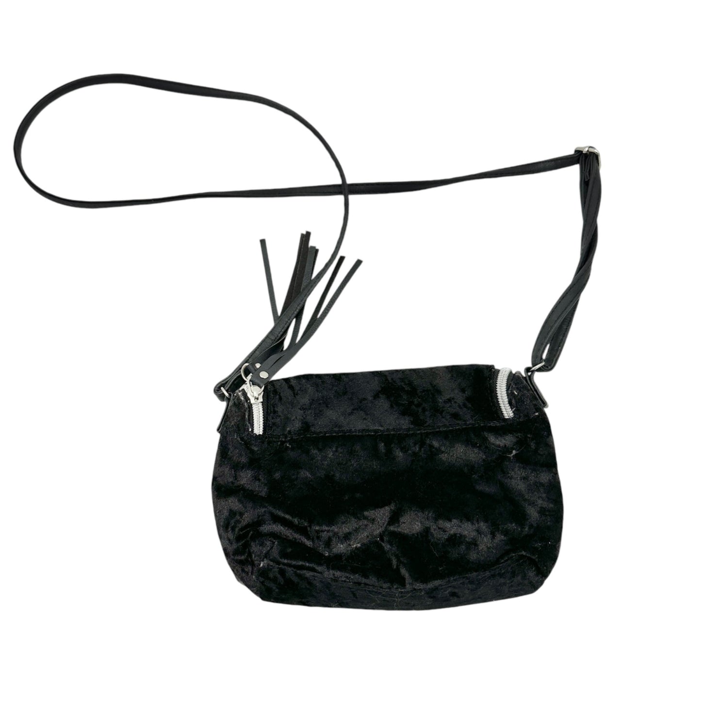 Crossbody Handbag Black Velvet with Silver Zipper and Tassels 7 x 5.5 x 2.5