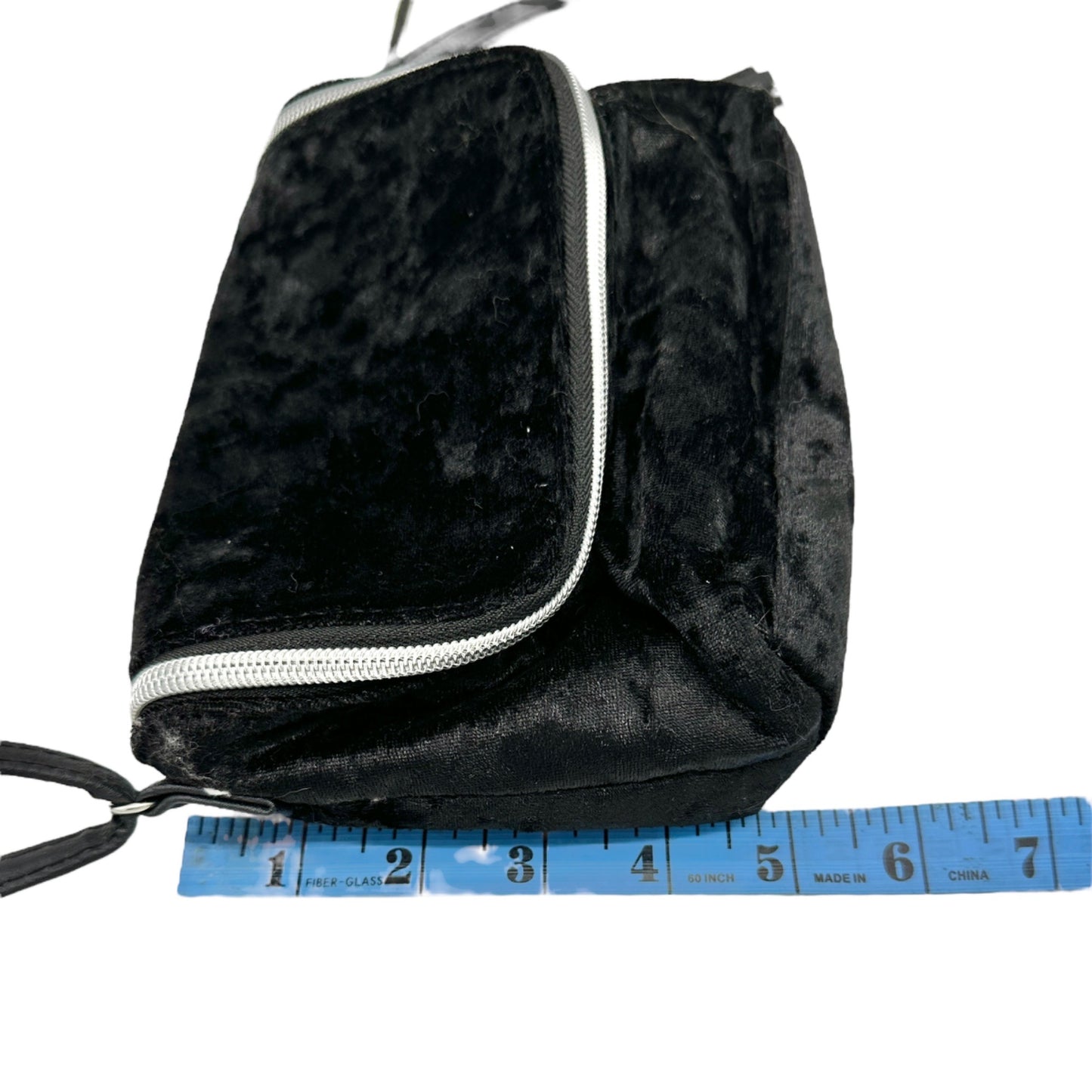 Crossbody Handbag Black Velvet with Silver Zipper and Tassels 7 x 5.5 x 2.5