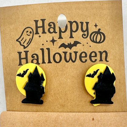 Halloween Stud Earrings Haunted House Plastic Black Yellow Metal Post Backs