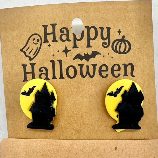 Halloween Stud Earrings Haunted House Plastic Black Yellow Metal Post Backs