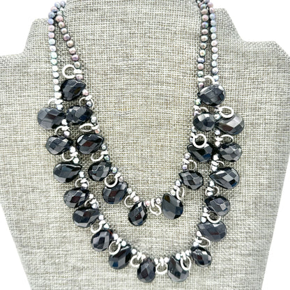 By Grace 2 Strand Necklace Black Faceted Silver Tone Beads and Chain Adjustable