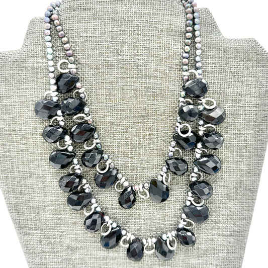 By Grace 2 Strand Necklace Black Faceted Silver Tone Beads and Chain Adjustable