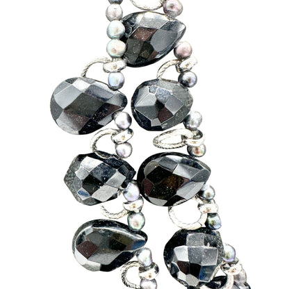 By Grace 2 Strand Necklace Black Faceted Silver Tone Beads and Chain Adjustable