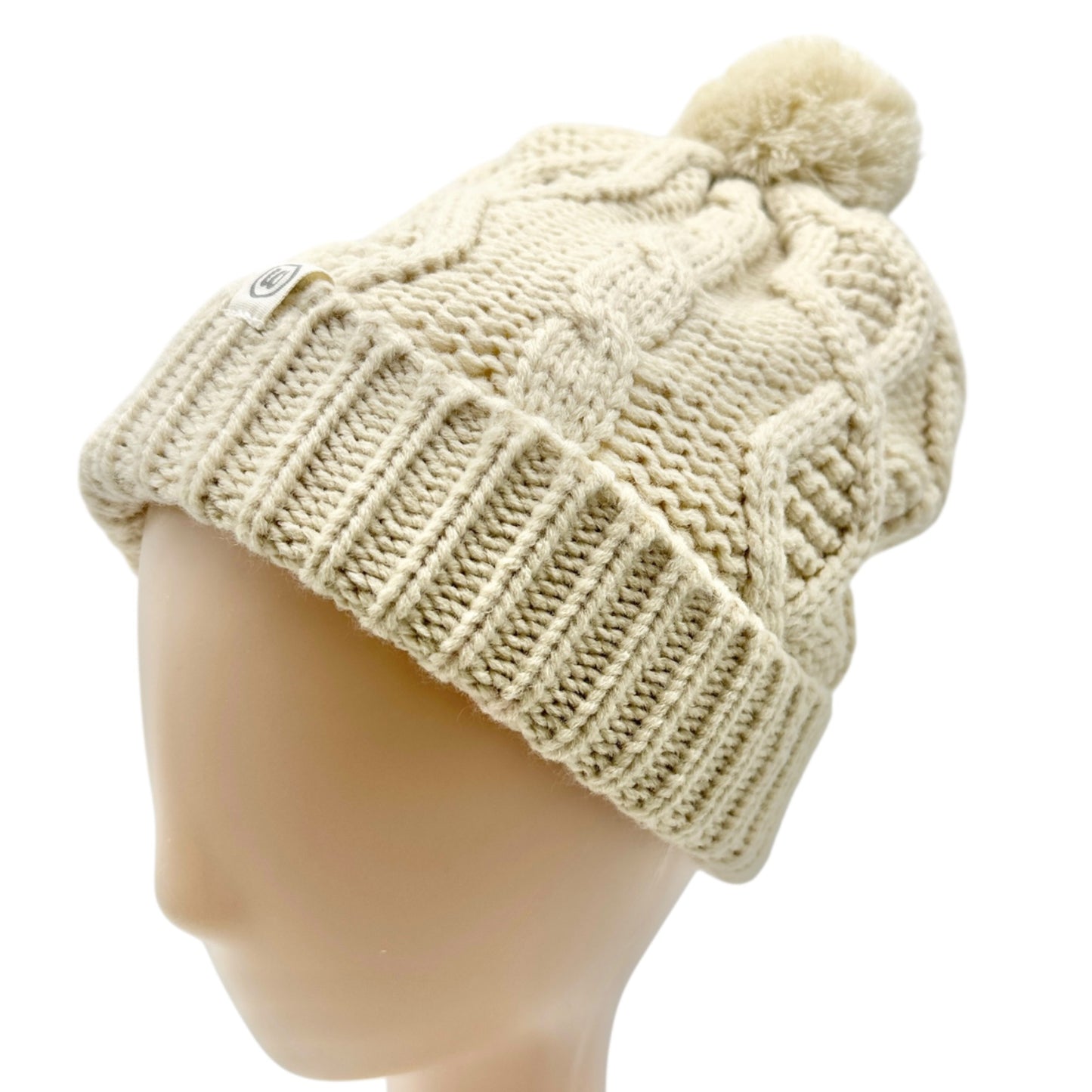 Wantable Cable Knit Cream Beanie With Pom Fleece-Lined Womens Warm Winter Hat