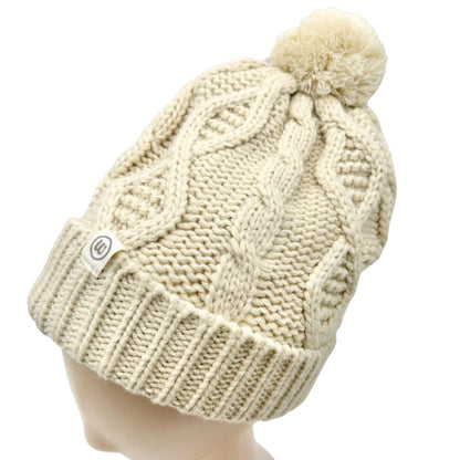 Wantable Cable Knit Cream Beanie With Pom Fleece-Lined Womens Warm Winter Hat