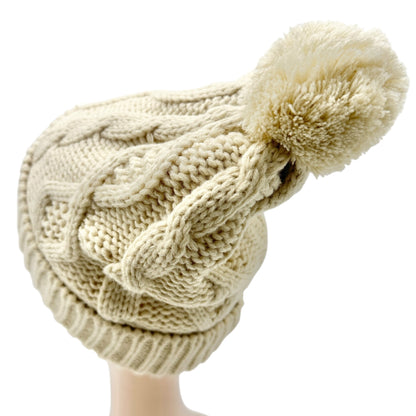 Wantable Cable Knit Cream Beanie With Pom Fleece-Lined Womens Warm Winter Hat
