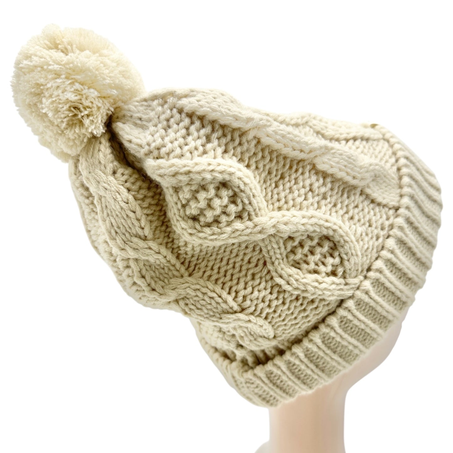 Wantable Cable Knit Cream Beanie With Pom Fleece-Lined Womens Warm Winter Hat