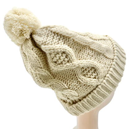 Wantable Cable Knit Cream Beanie With Pom Fleece-Lined Womens Warm Winter Hat
