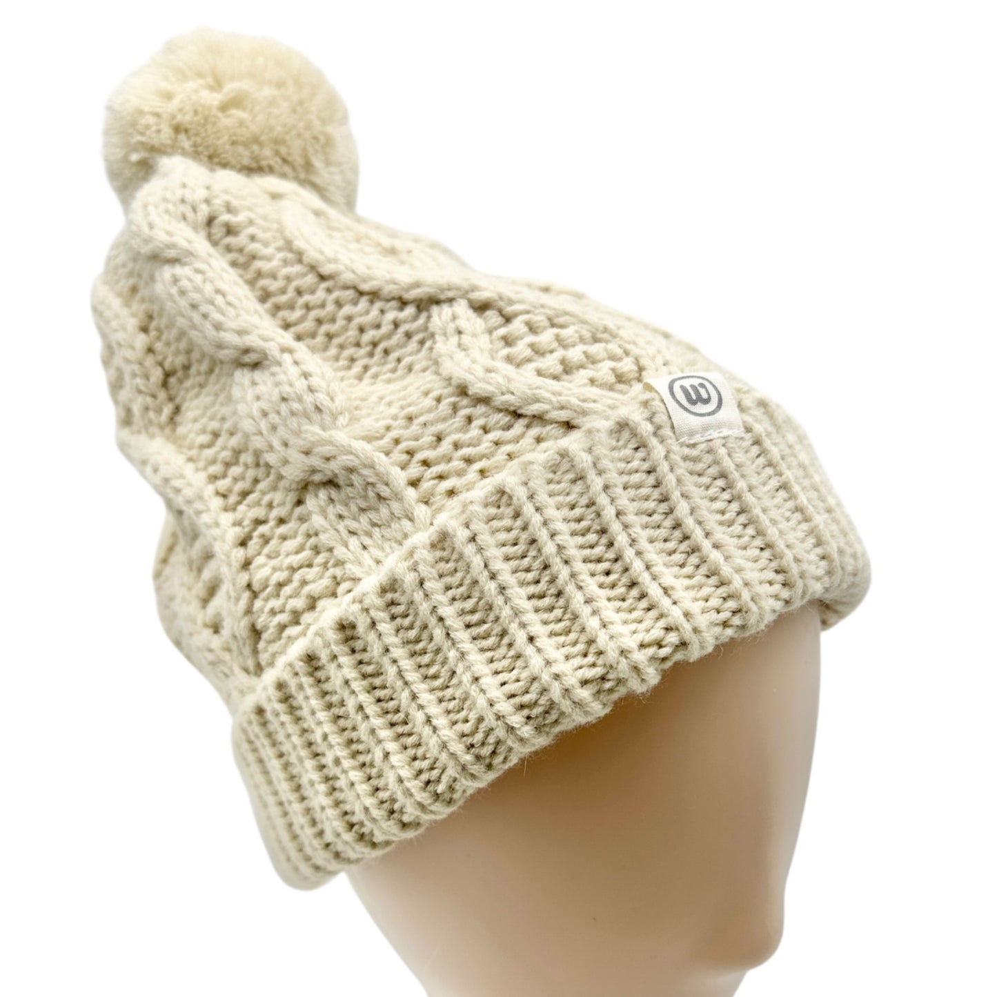 Wantable Cable Knit Cream Beanie With Pom Fleece-Lined Womens Warm Winter Hat