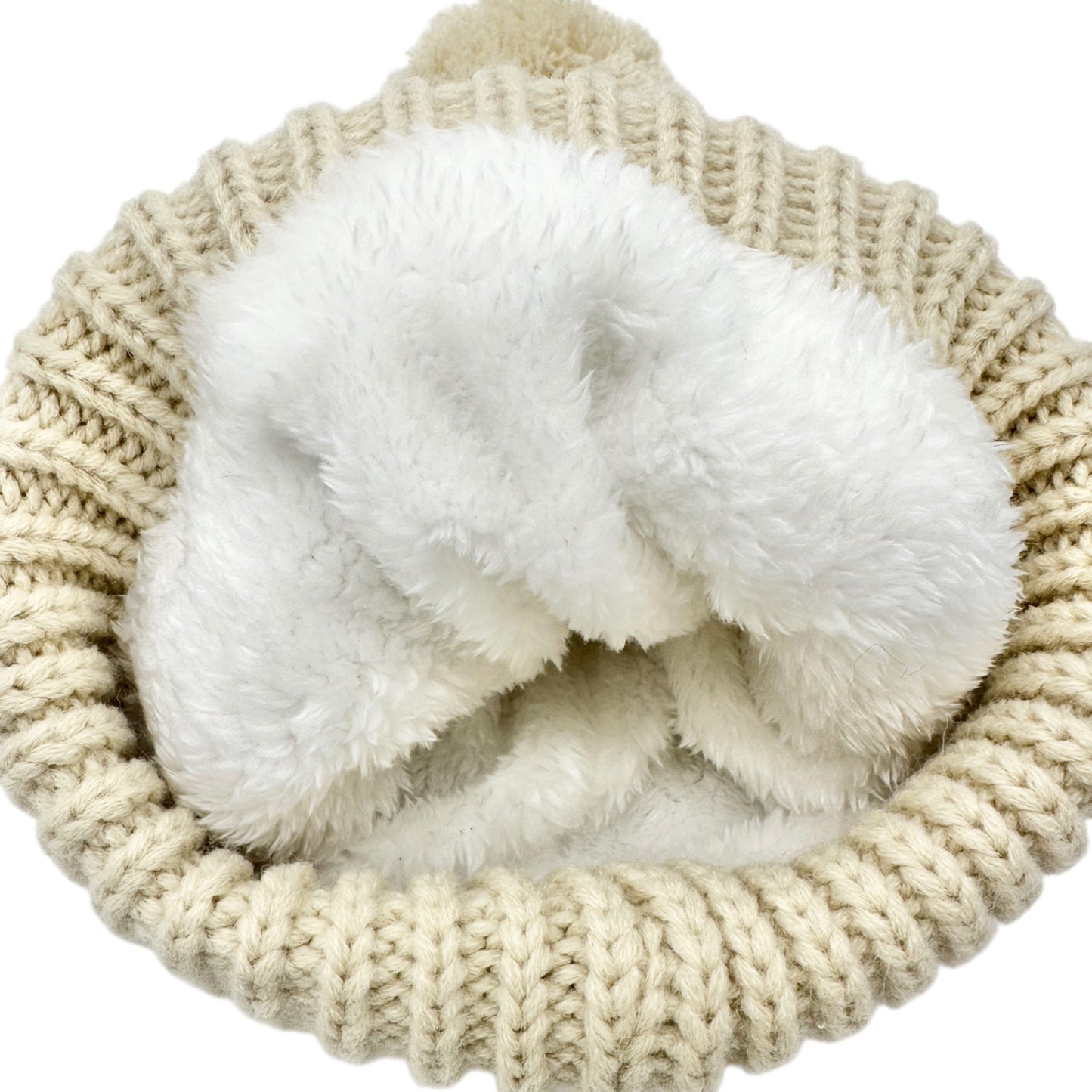 Wantable Cable Knit Cream Beanie With Pom Fleece-Lined Womens Warm Winter Hat