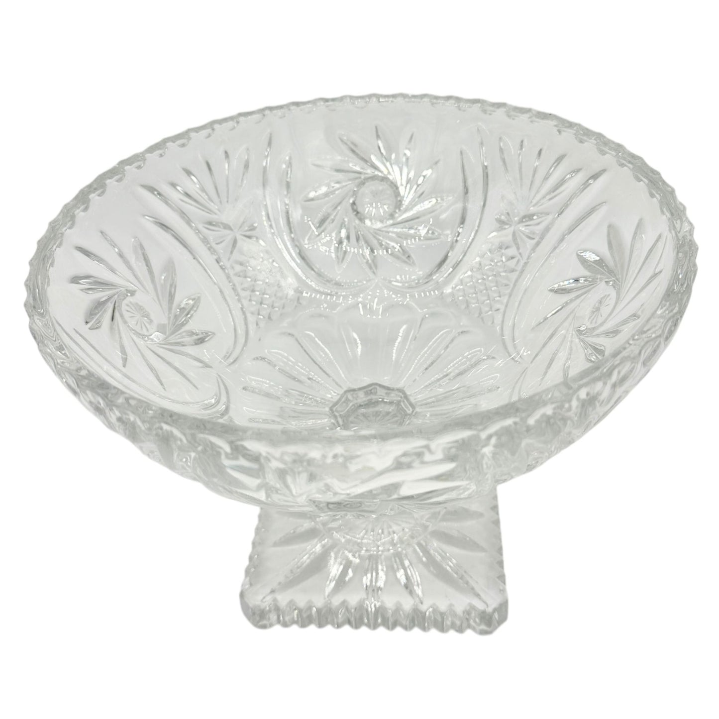 Crystal Pedestal Footed Bowl Intricate Cut Design 9.5 Inches Diameter Vintage