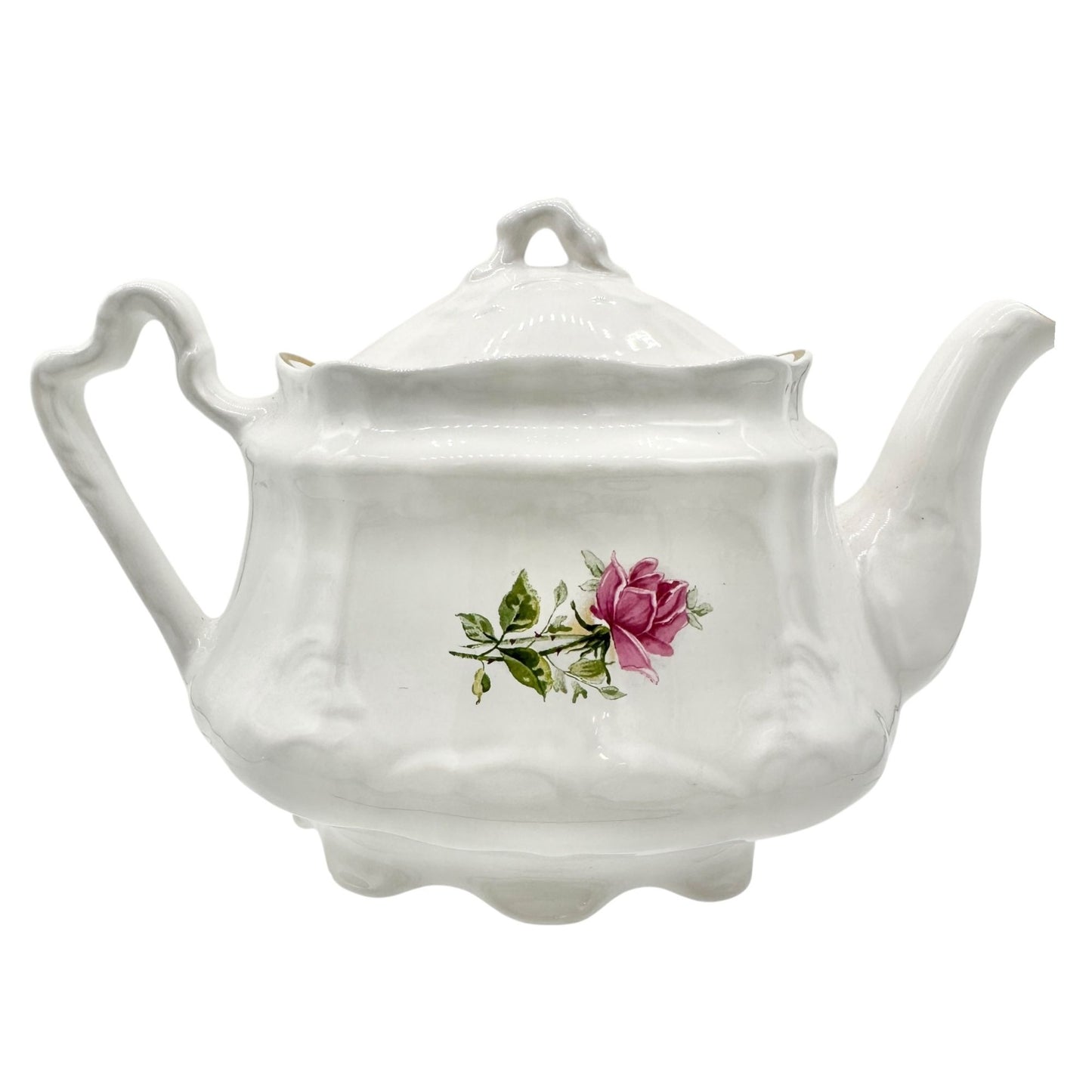 Arthur Wood England Teapot w Lid White w Pink Red Rose Floral Design Gold Trim