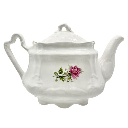 Arthur Wood England Teapot w Lid White w Pink Red Rose Floral Design Gold Trim