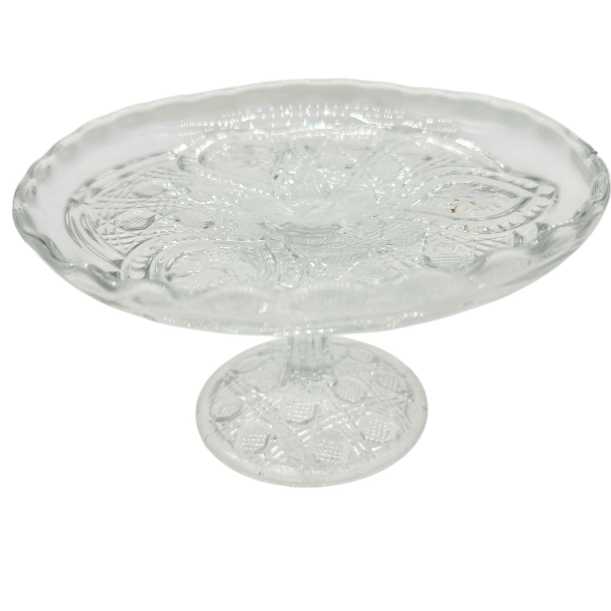 Buttons and Loops Cake Stand Etched EAPG Clear Glass Childrens Tableware 6" Dia