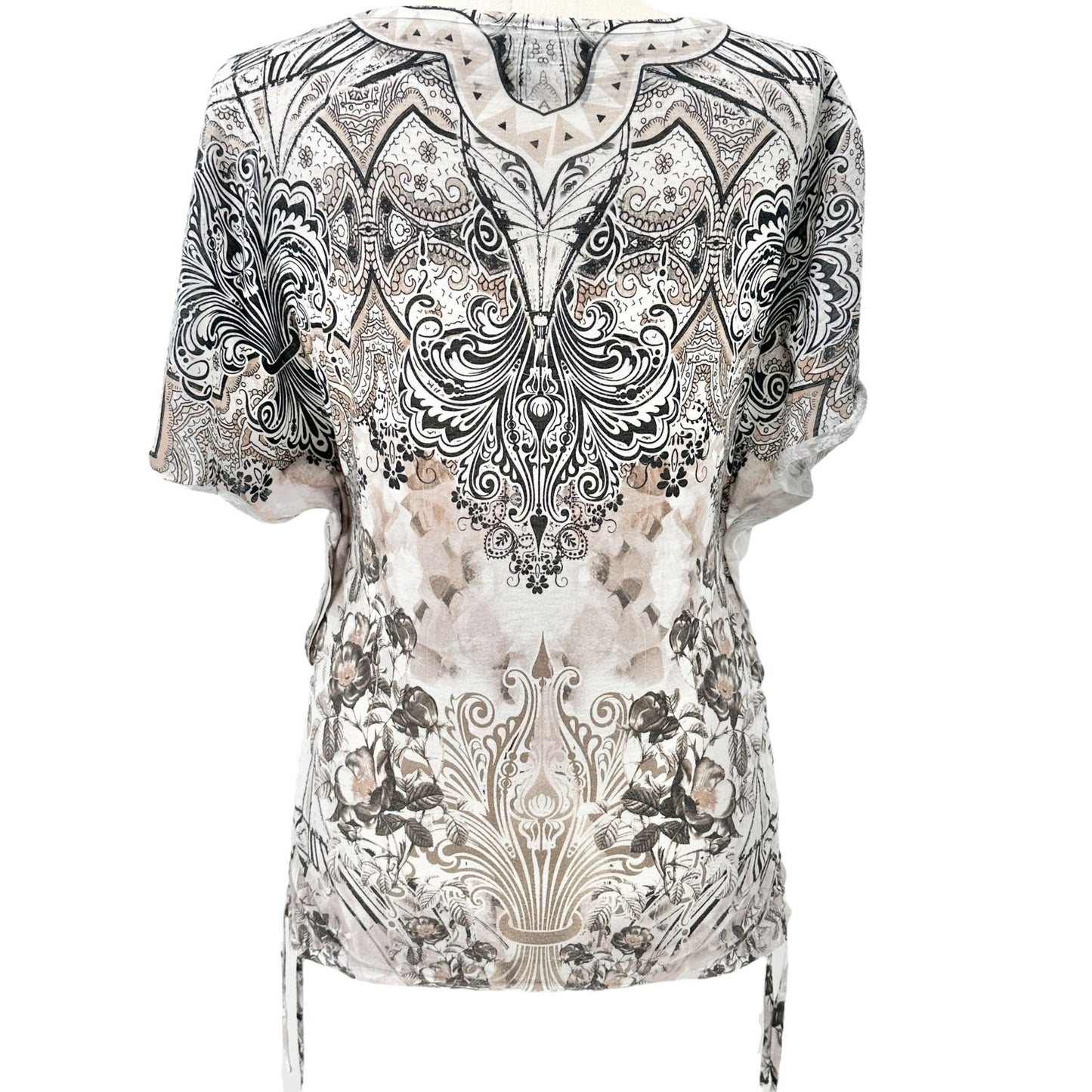 Womens M Boho Paisley Floral Print Top SS Ruched Sides Lightweight by Style & Co