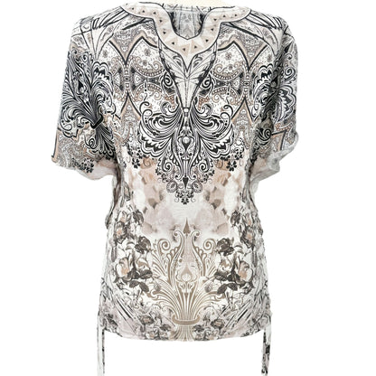 Womens M Boho Paisley Floral Print Top SS Ruched Sides Lightweight by Style & Co