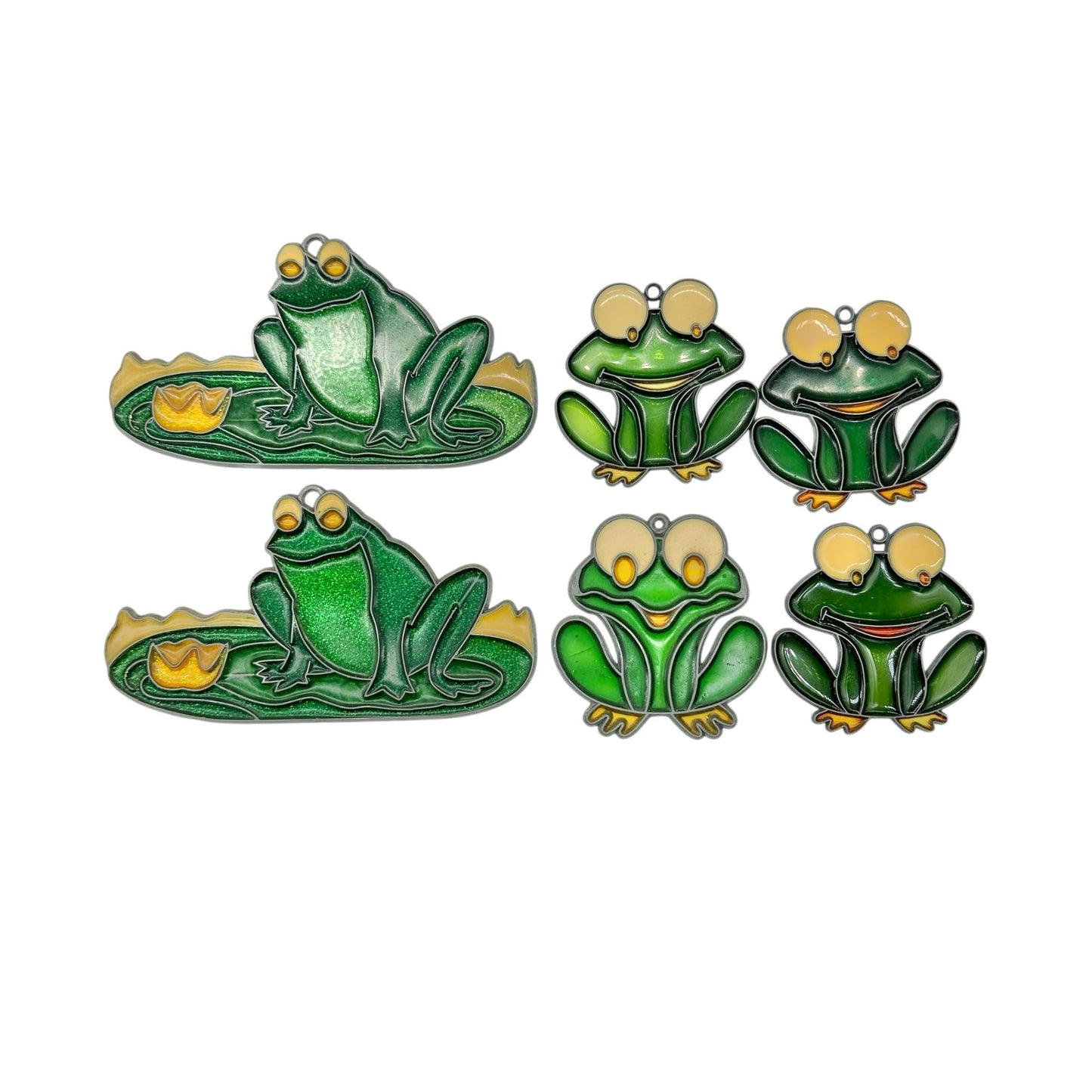 Set Of 6 Green Frog Suncatcher Metal and Enamel Ornaments With Glitter Finish