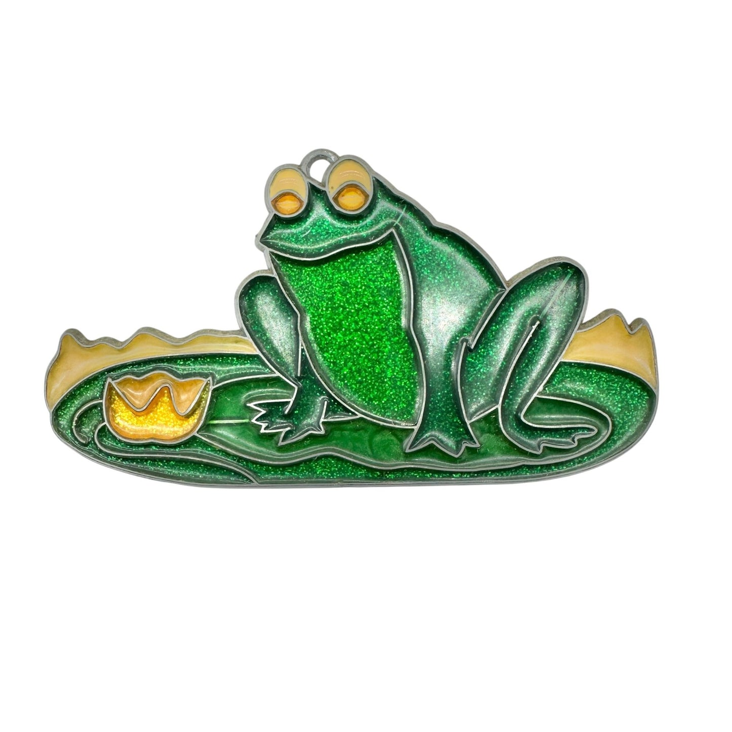 Set Of 6 Green Frog Suncatcher Metal and Enamel Ornaments With Glitter Finish