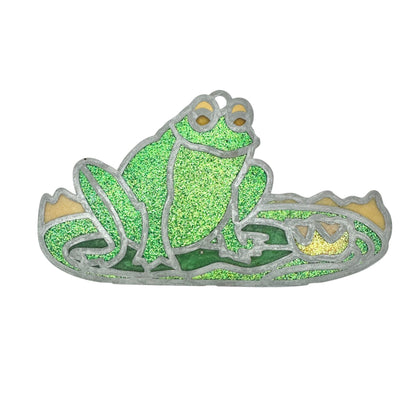 Set Of 6 Green Frog Suncatcher Metal and Enamel Ornaments With Glitter Finish
