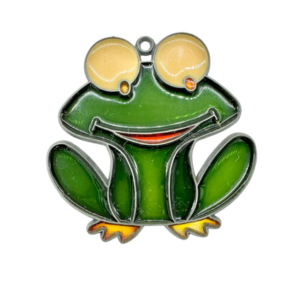 Set Of 6 Green Frog Suncatcher Metal and Enamel Ornaments With Glitter Finish