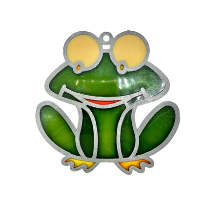 Set Of 6 Green Frog Suncatcher Metal and Enamel Ornaments With Glitter Finish
