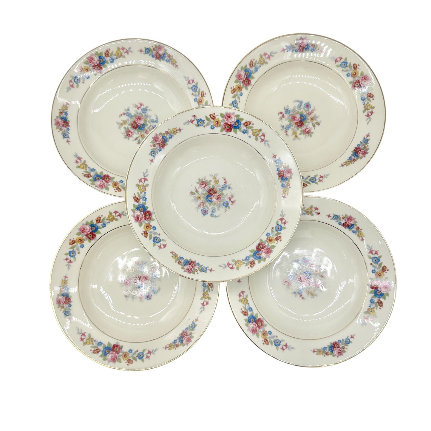Royal Ivory KPM Set Of 5 Bowls Cream Gold Trim Floral Pattern Germany 8.5 inch
