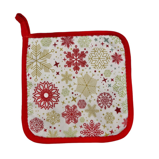 Christmas Winter Holiday Square Potholder with Hanging Tab Red Gold White