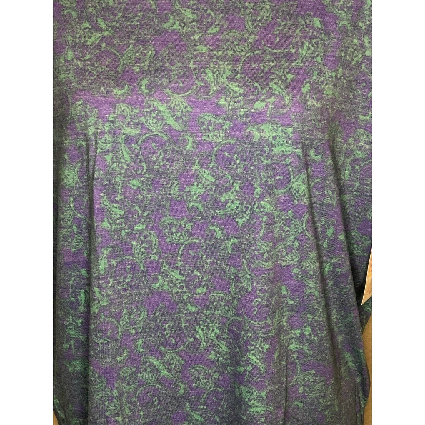 LuLaRoe Irma Top XXS Purple & Green Paisley Print High-Low Short Sleeve Tunic