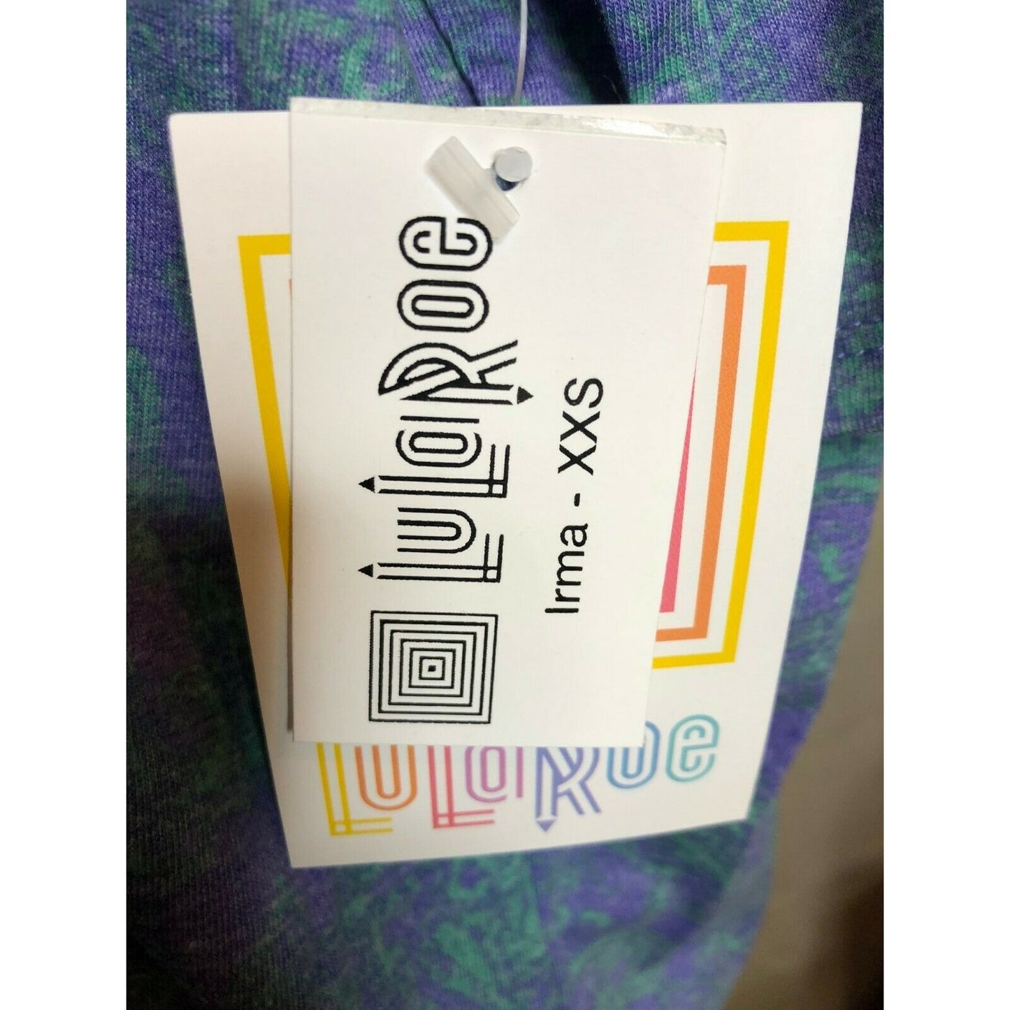 LuLaRoe Irma Top XXS Purple & Green Paisley Print High-Low Short Sleeve Tunic