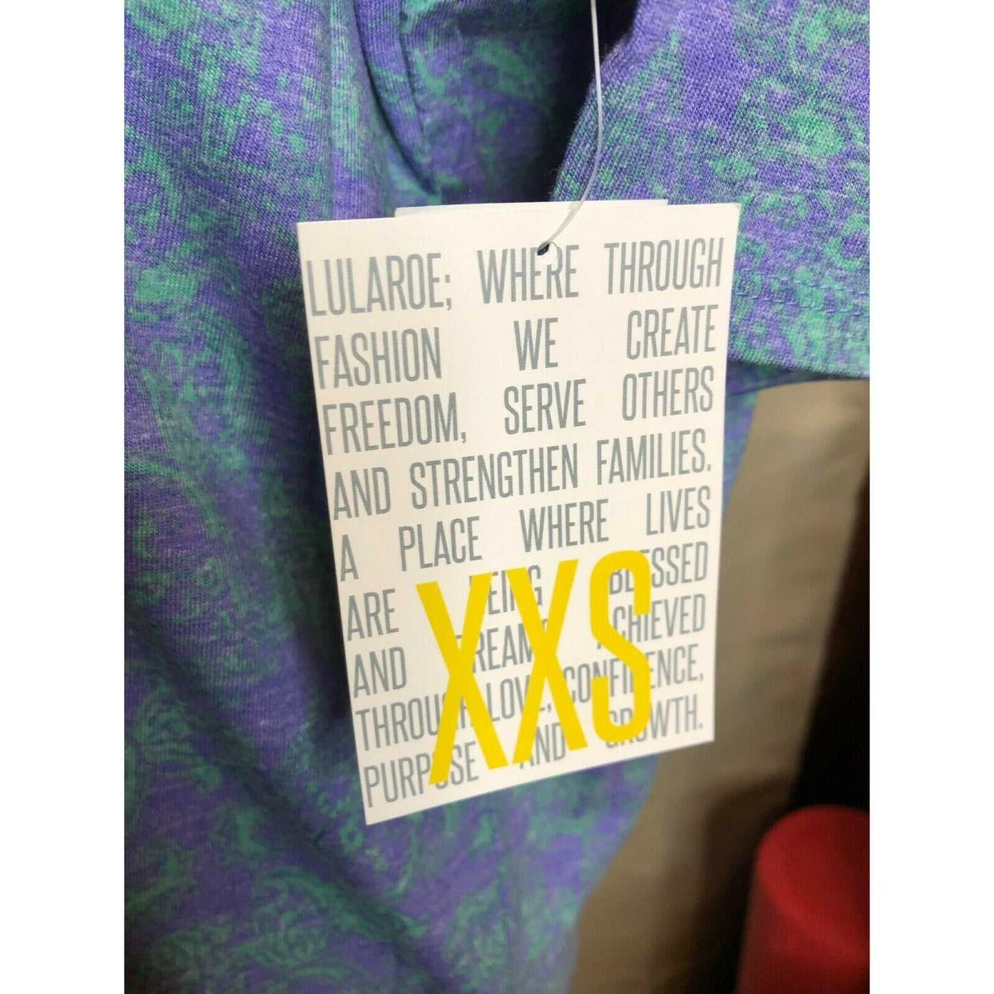 LuLaRoe Irma Top XXS Purple & Green Paisley Print High-Low Short Sleeve Tunic